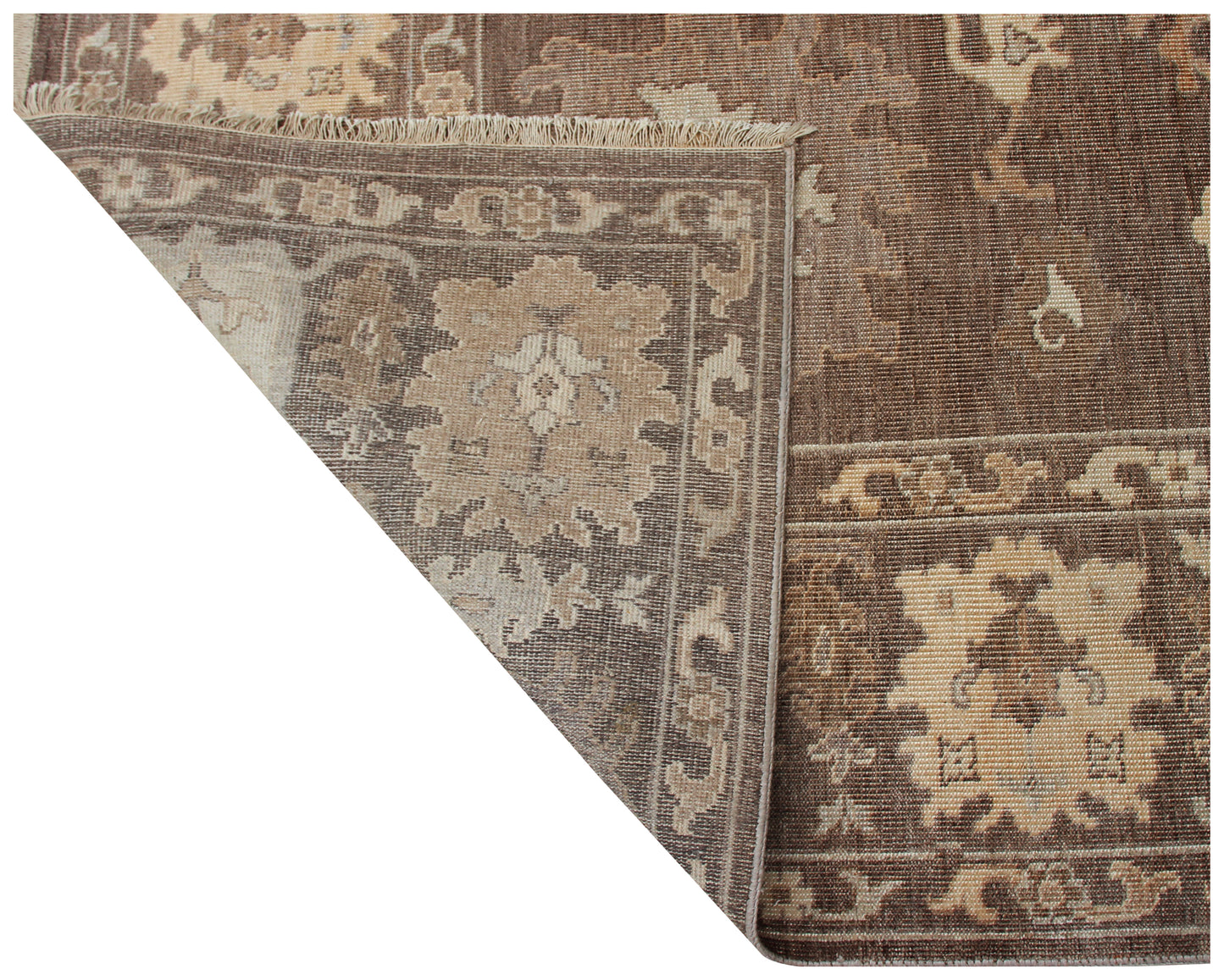 Dark Taupe Brown Oushak Sunburst Rosette Hand Knotted Wool Vintage Distressed Area Rug
