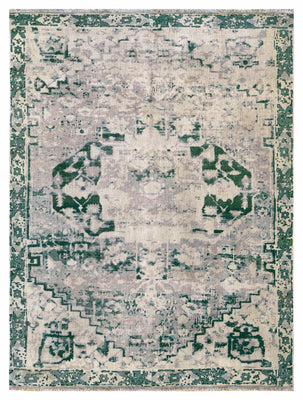 Emerald Green Beige Distressed Persian Medallion Wool Hand Knotted Vintage 8x10 Area Rug