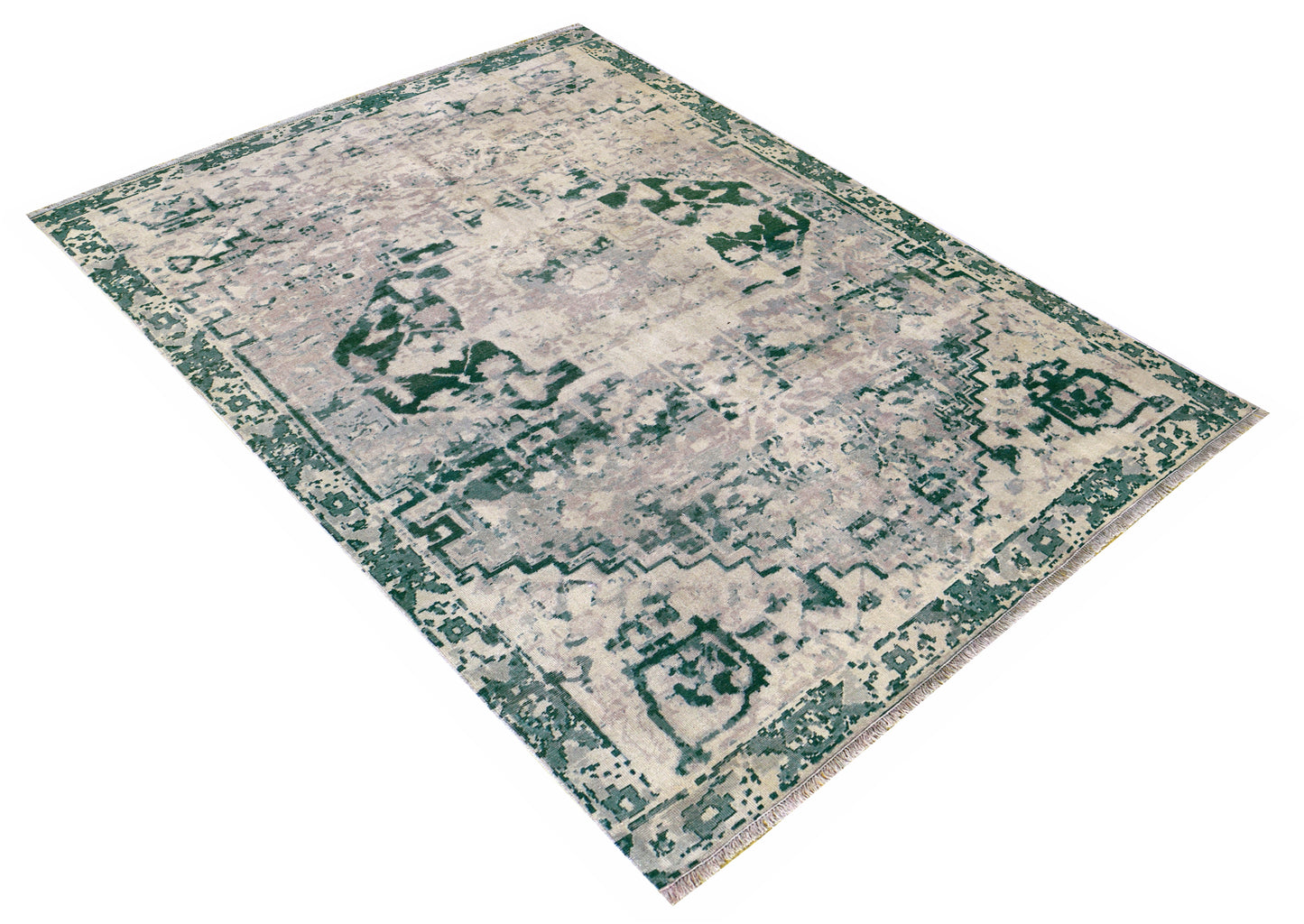 Emerald Green Beige Distressed Persian Medallion Wool Hand Knotted Vintage 8x10 Area Rug