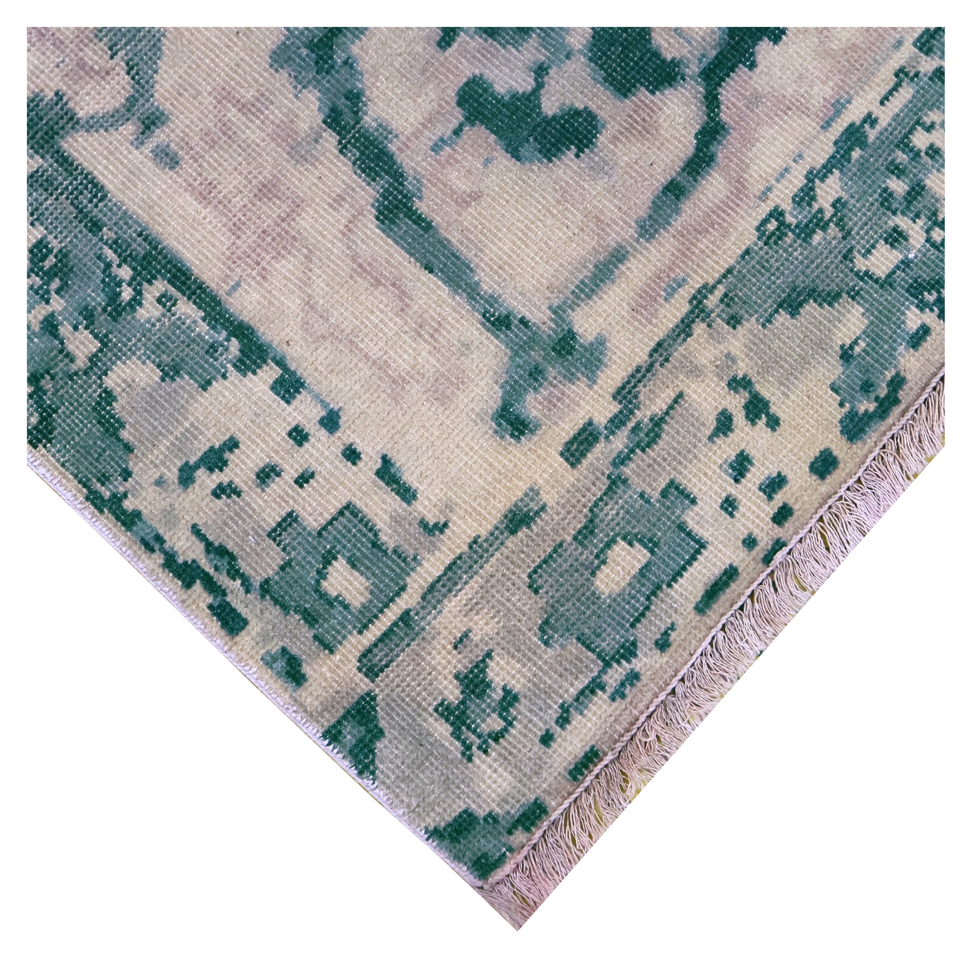Emerald Green Beige Distressed Persian Medallion Wool Hand Knotted Vintage 8x10 Area Rug