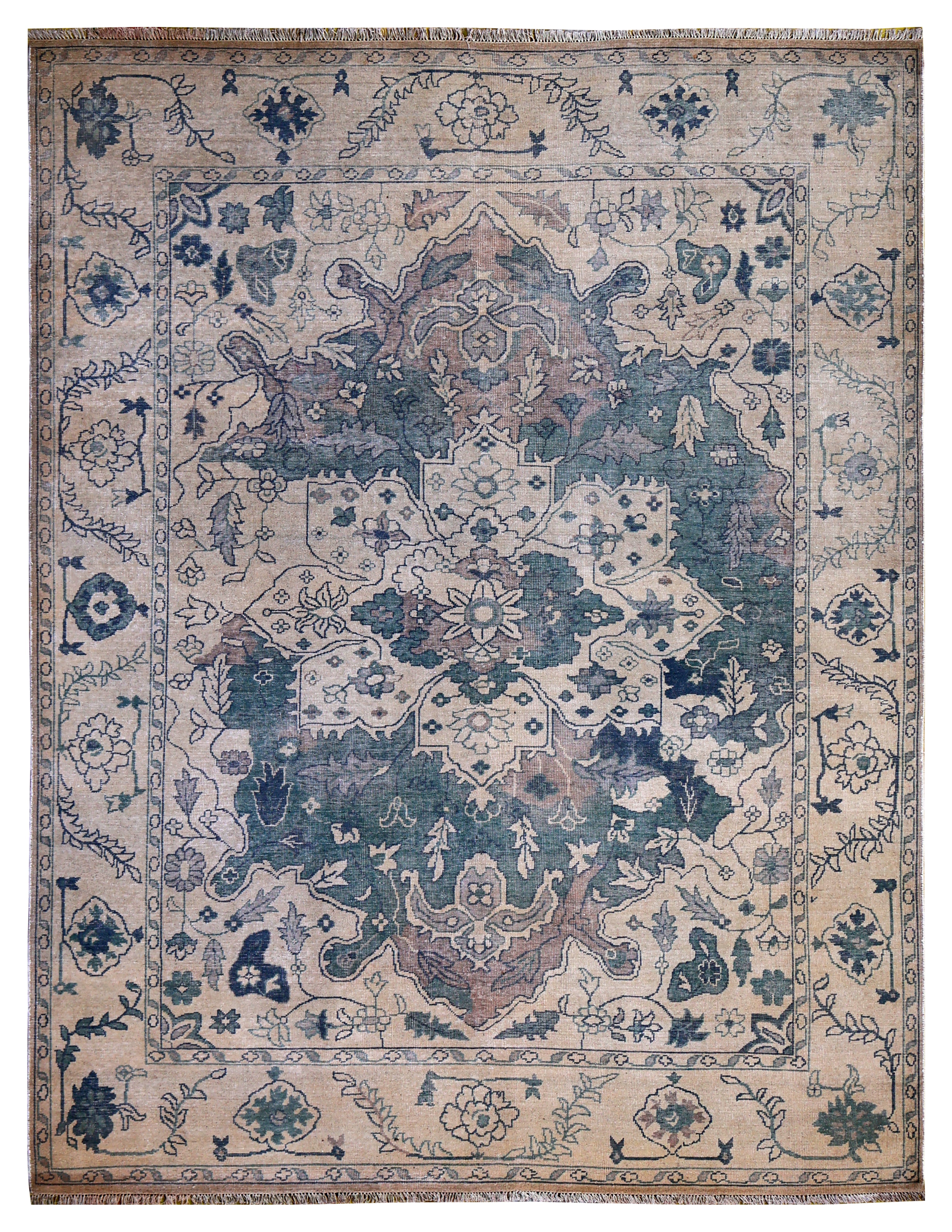 Beige Teal Green Heriz Floral Medallion 8x10 Hand Knotted Wool