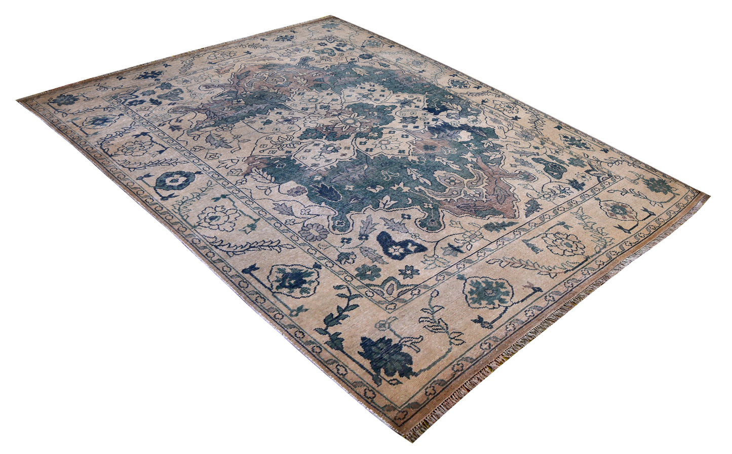 Beige Teal Green Heriz Floral Medallion Wool Hand Knotted Antique Vintage 8x10 Area Rug