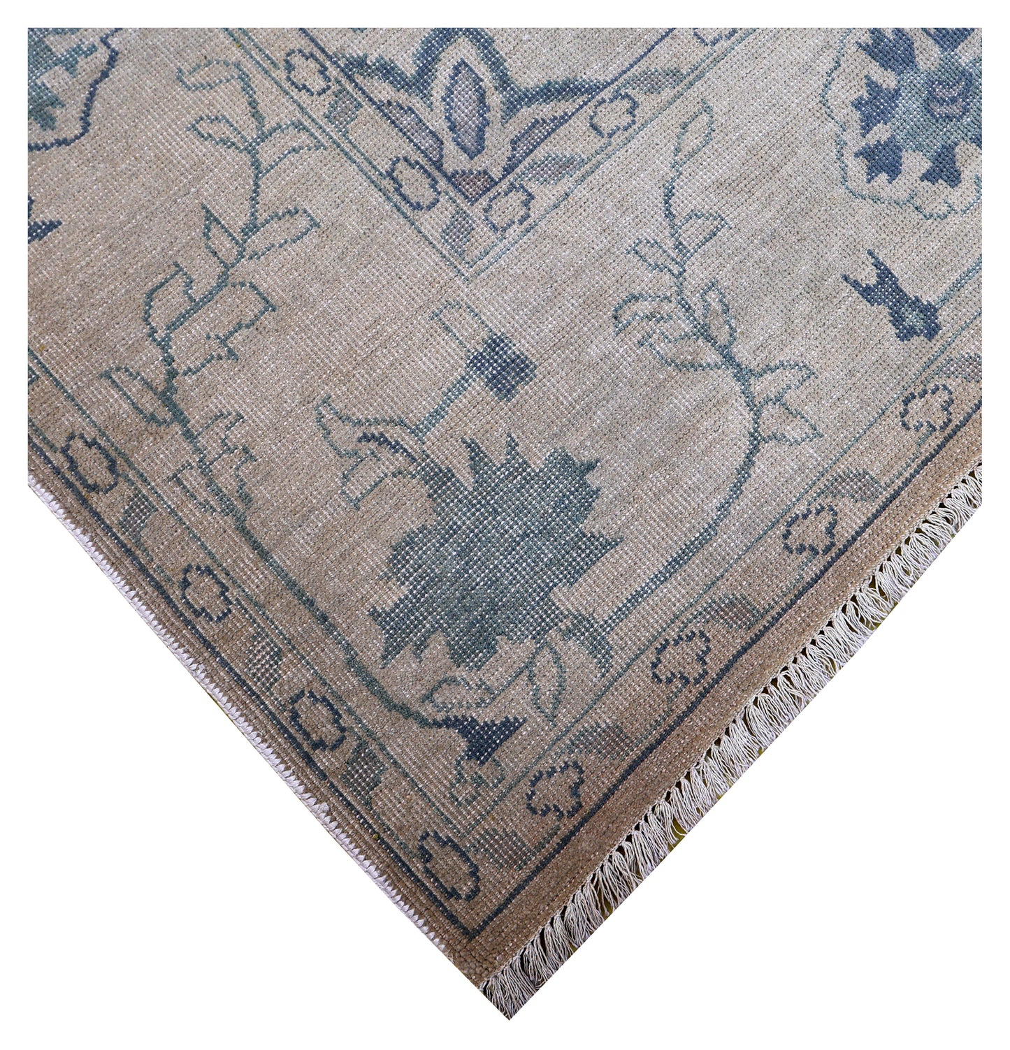 Beige Teal Green Heriz Floral Medallion Wool Hand Knotted Antique Vintage 8x10 Area Rug