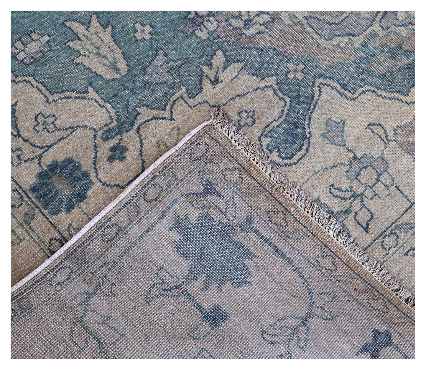 Beige Teal Green Heriz Floral Medallion Wool Hand Knotted Antique Vintage 8x10 Area Rug