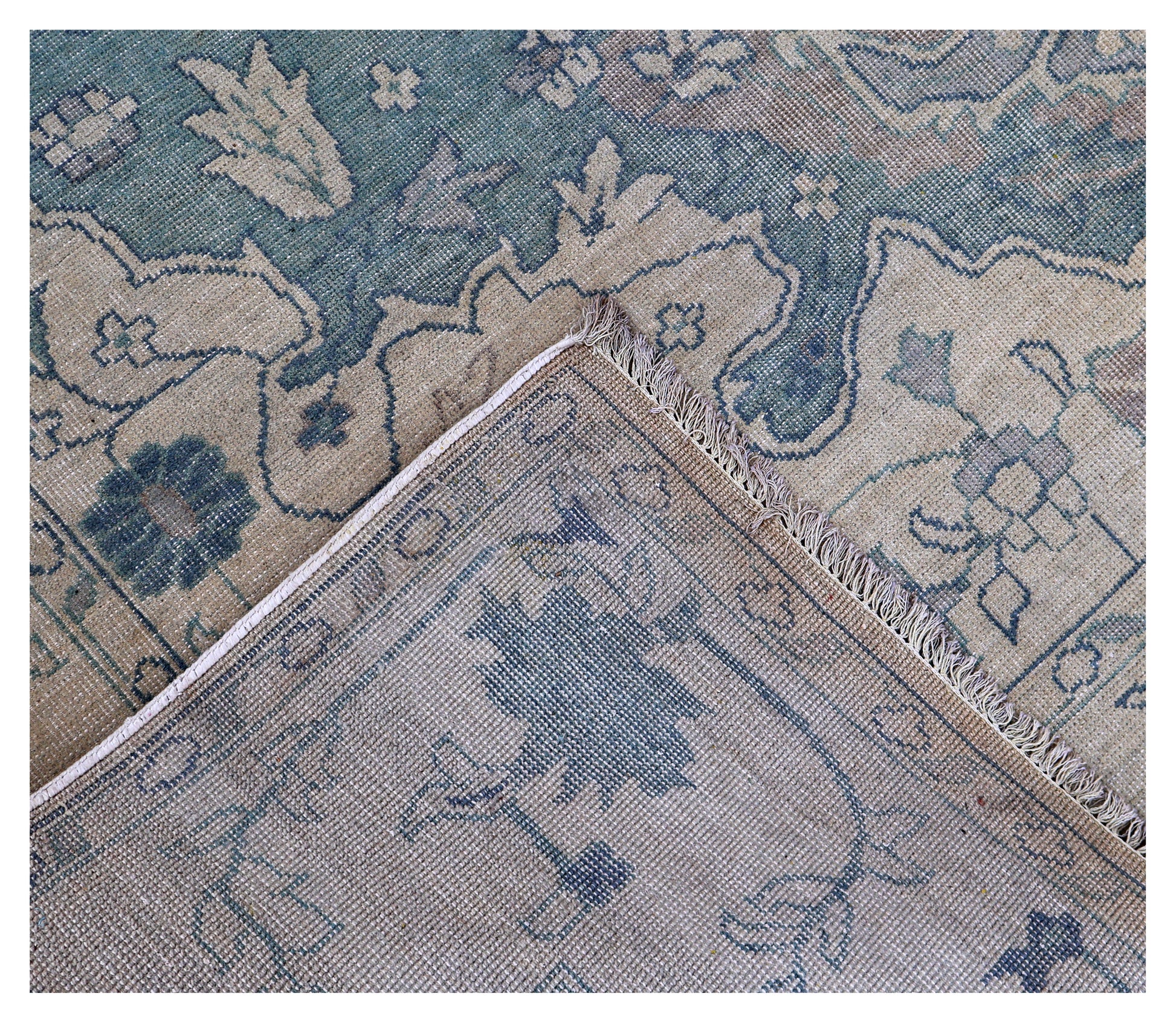 Beige Teal Green Heriz Floral Medallion Wool Hand Knotted Antique Vintage 8x10 Area Rug