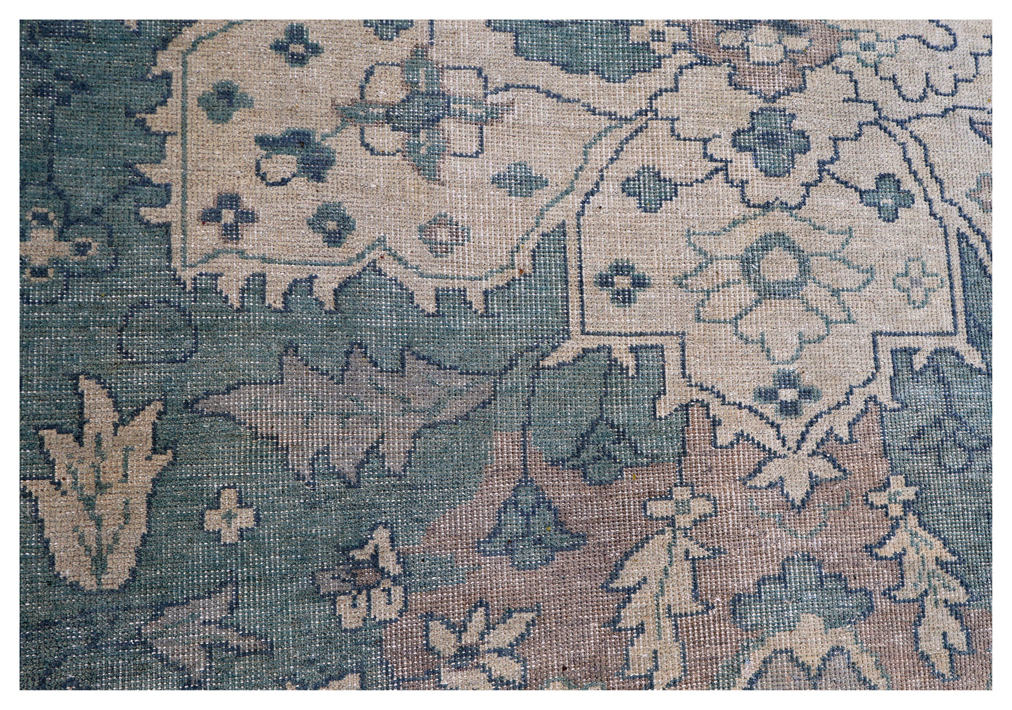 Beige Teal Green Heriz Floral Medallion Wool Hand Knotted Antique Vintage 8x10 Area Rug