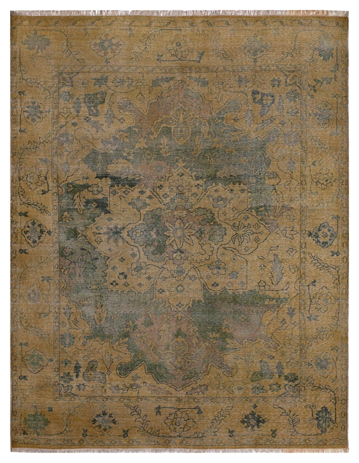 Tan Green Antique Heriz Floral Medallion Hand Knotted Wool Vintage 8x10 Area Rug