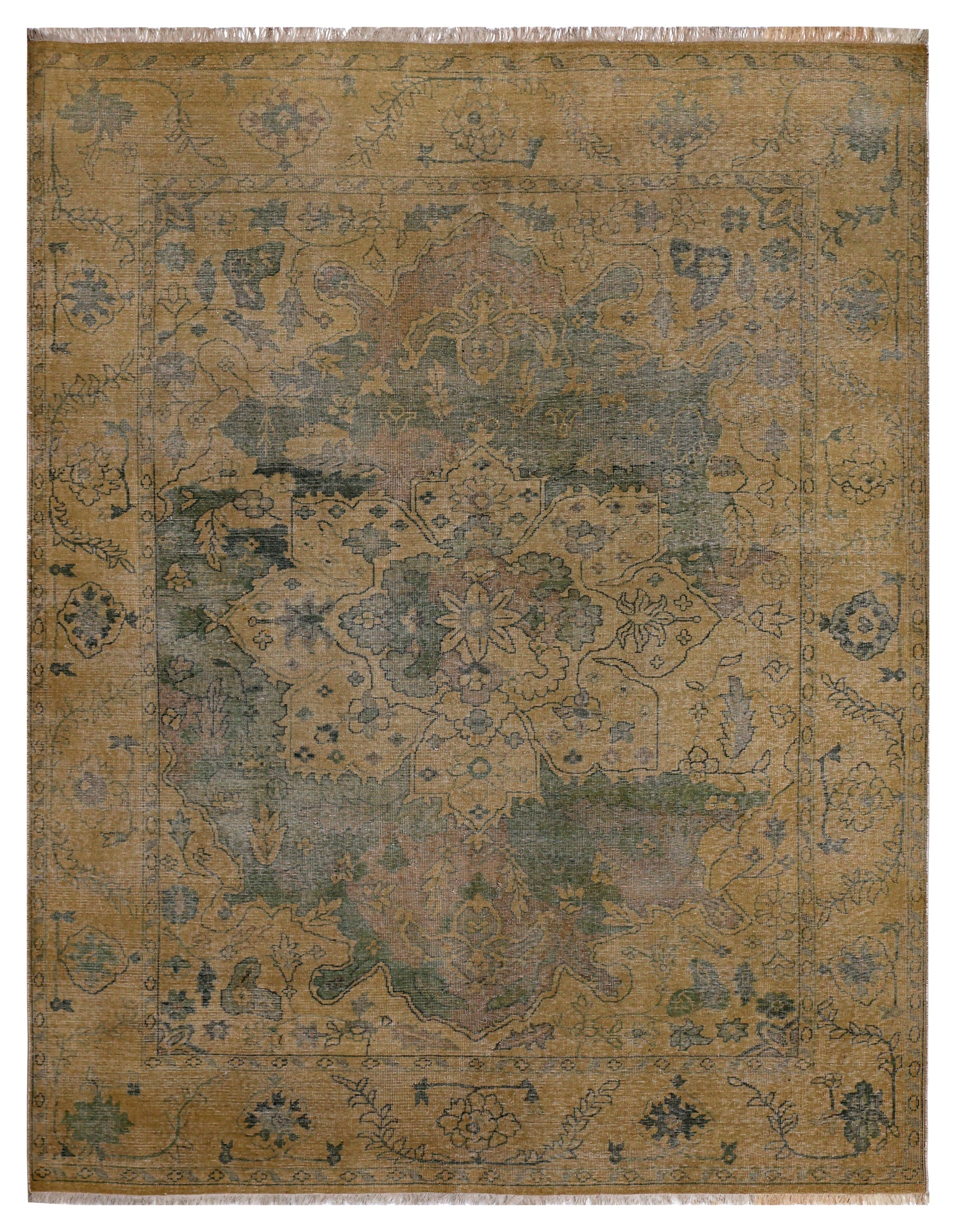 Tan Green Antique Heriz Floral Medallion Hand Knotted Wool Vintage 8x10 Area Rug