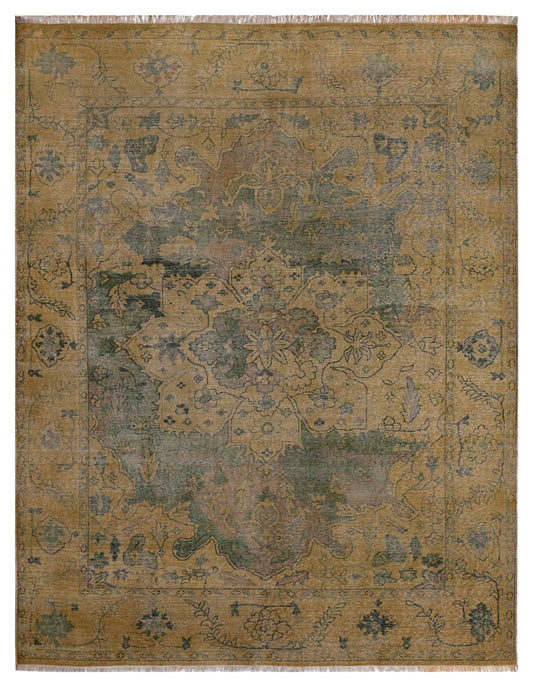 Tan Green Antique Heriz Floral Medallion Hand Knotted Wool Vintage 8x10 Area Rug