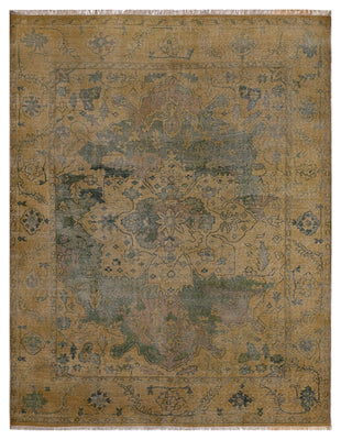 Tan Green Antique Heriz Floral Medallion Hand Knotted Wool Vintage 8x10 Area Rug