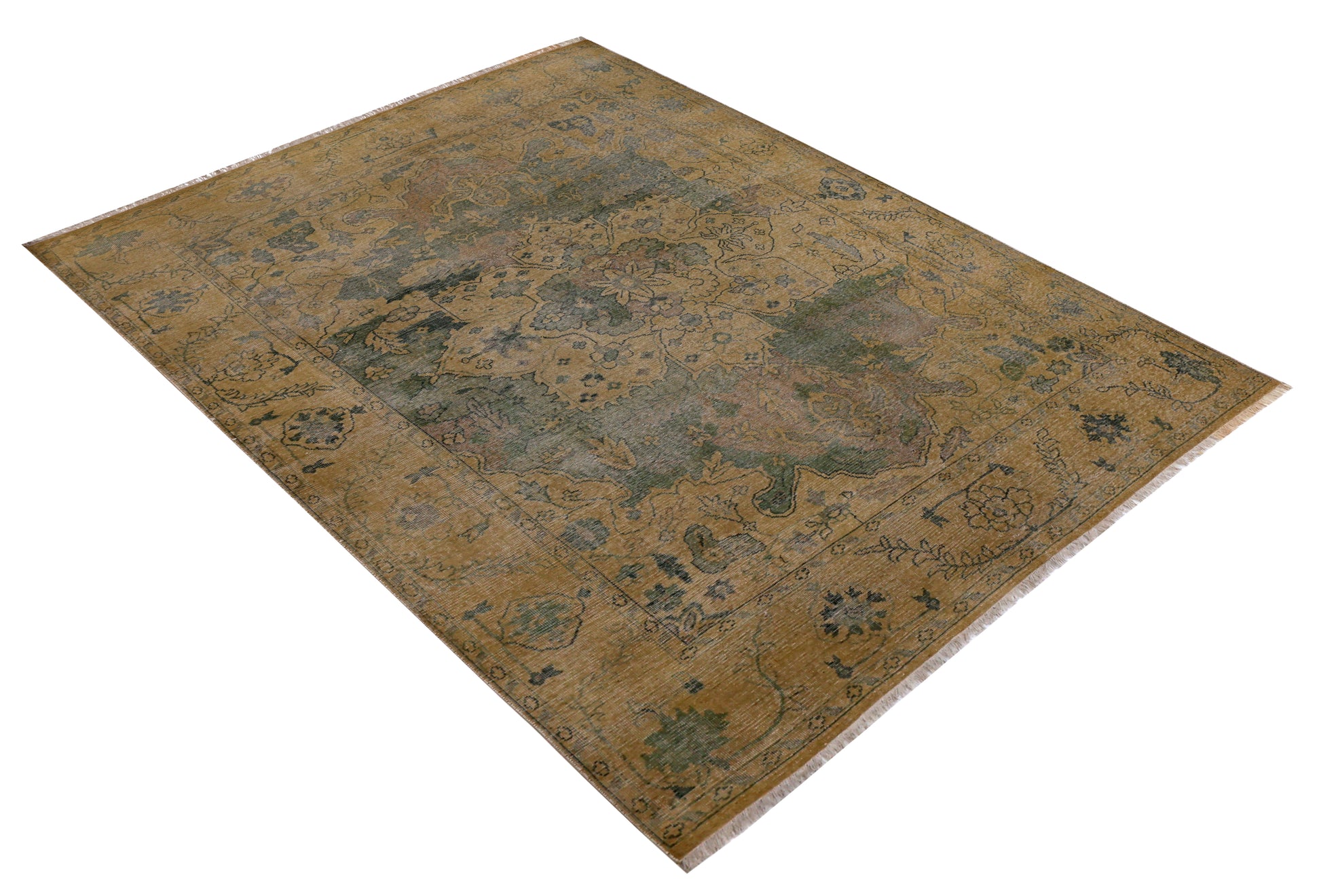 Tan Green Antique Heriz Floral Medallion Hand Knotted Wool Vintage 8x10 Area Rug