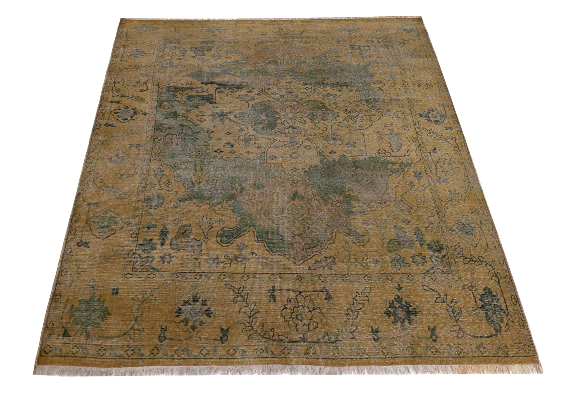 Tan Green Antique Heriz Floral Medallion Hand Knotted Wool Vintage 8x10 Area Rug