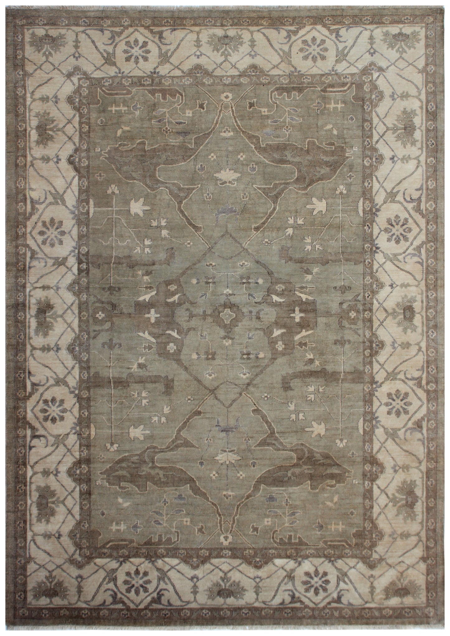 Sage Green and Ivory Oushak Medallion Trellis Hand Knotted Wool Antique Distressed Area Rug