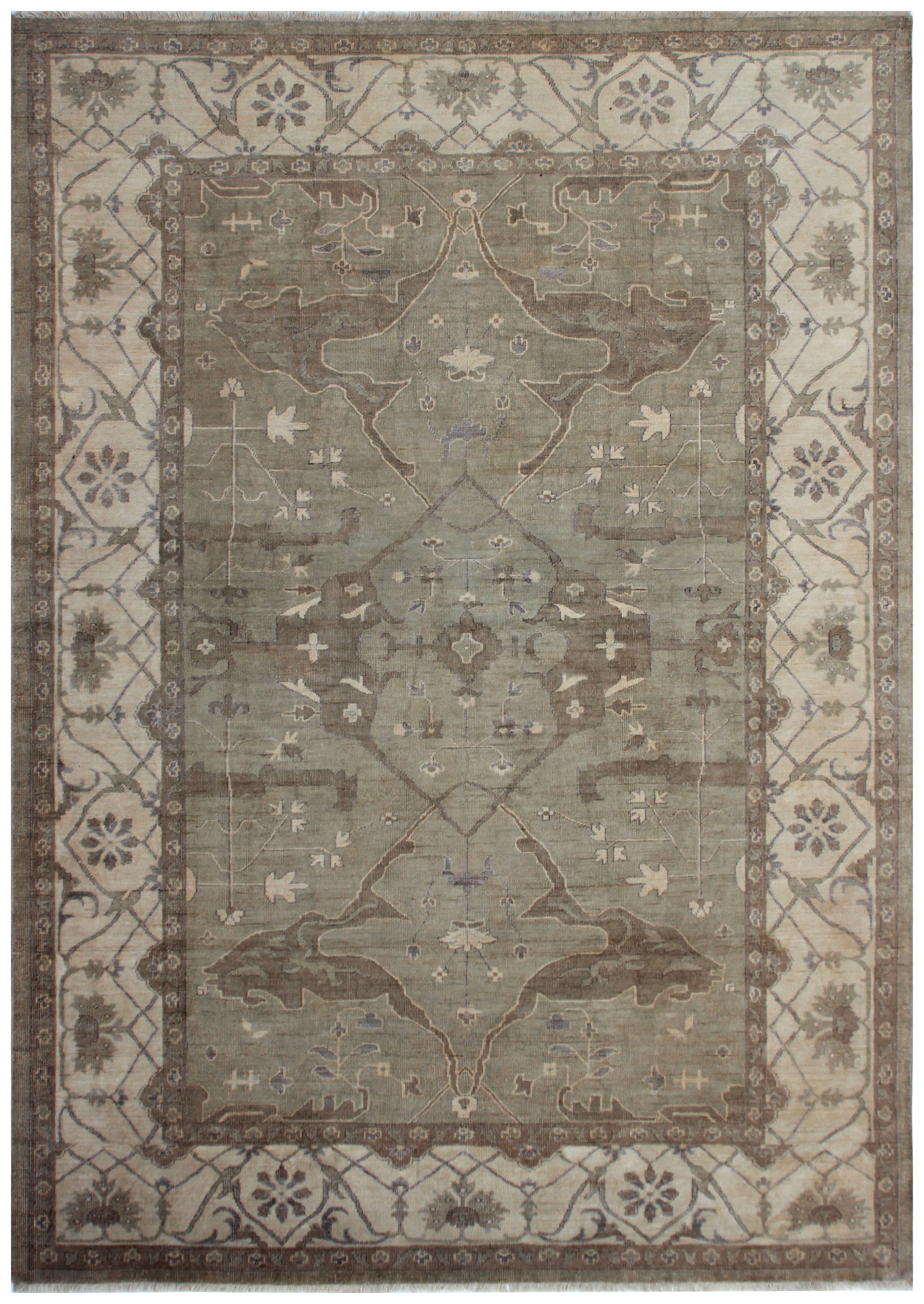 Sage Green and Ivory Oushak Medallion Trellis Hand Knotted Wool Antique Distressed Area Rug