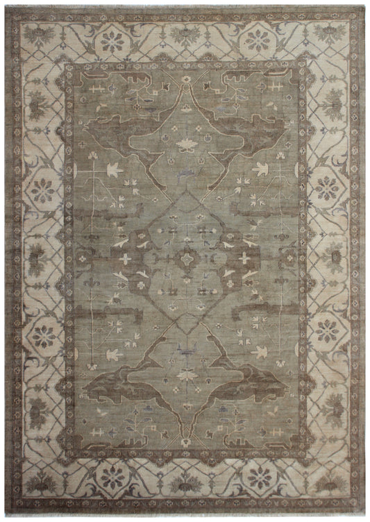 Sage Green and Ivory Oushak Medallion Trellis Hand Knotted Wool Antique Distressed Area Rug