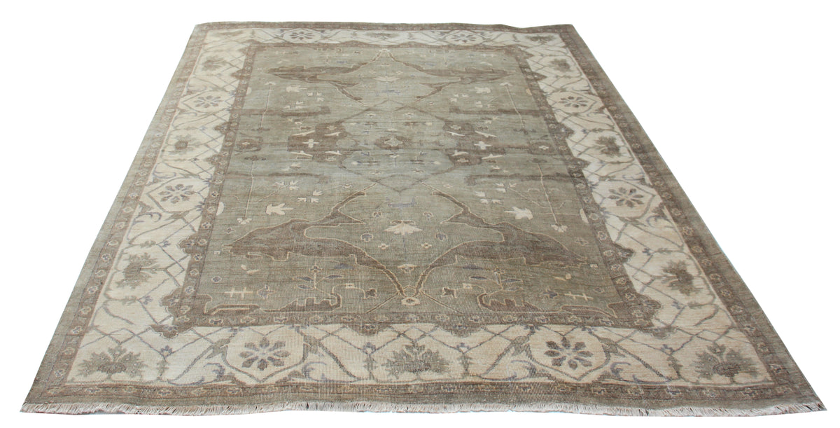 Sage Green and Ivory Oushak Medallion Trellis Hand Knotted Wool Antique Distressed Area Rug