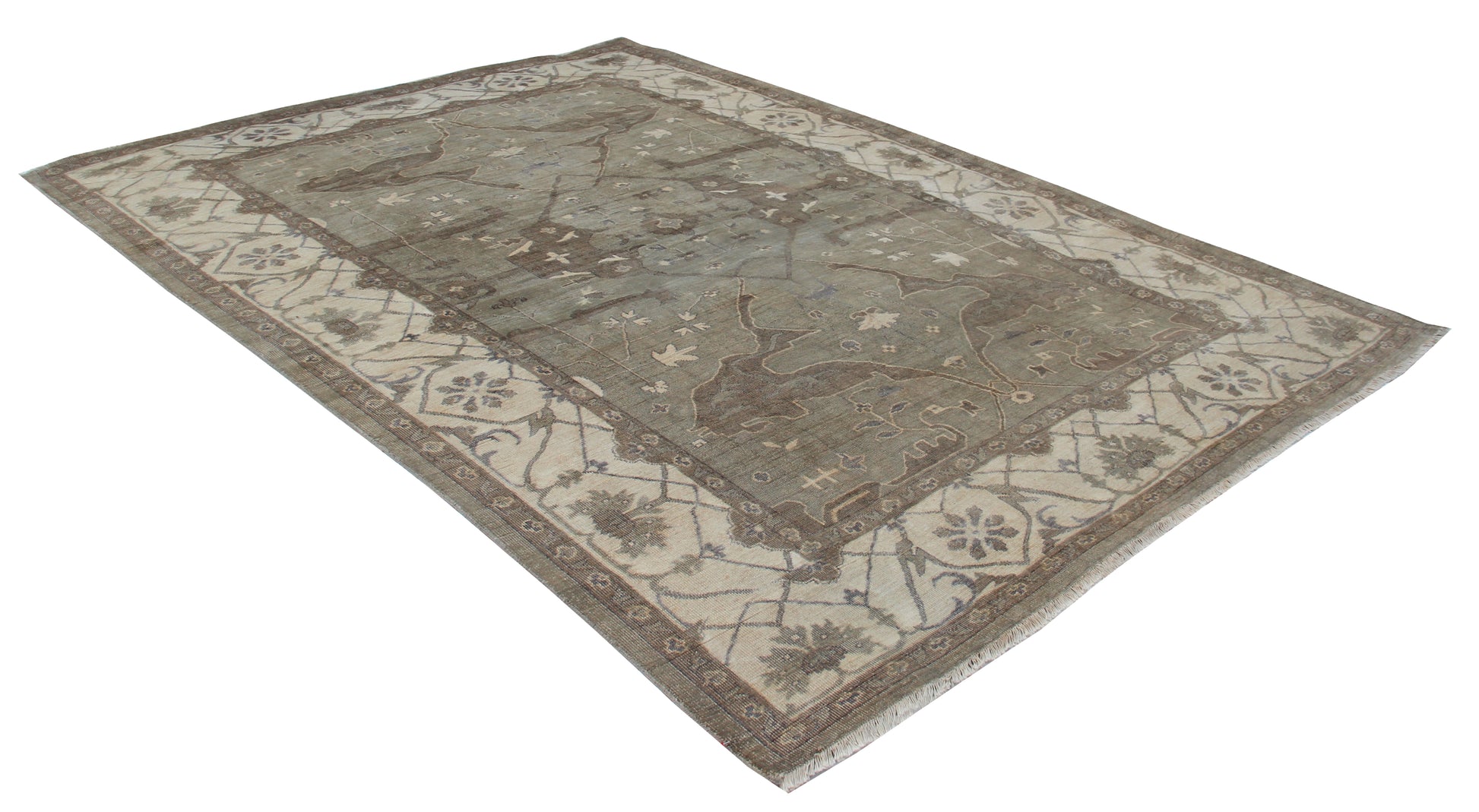 Sage Green and Ivory Oushak Medallion Trellis Hand Knotted Wool Antique Distressed Area Rug