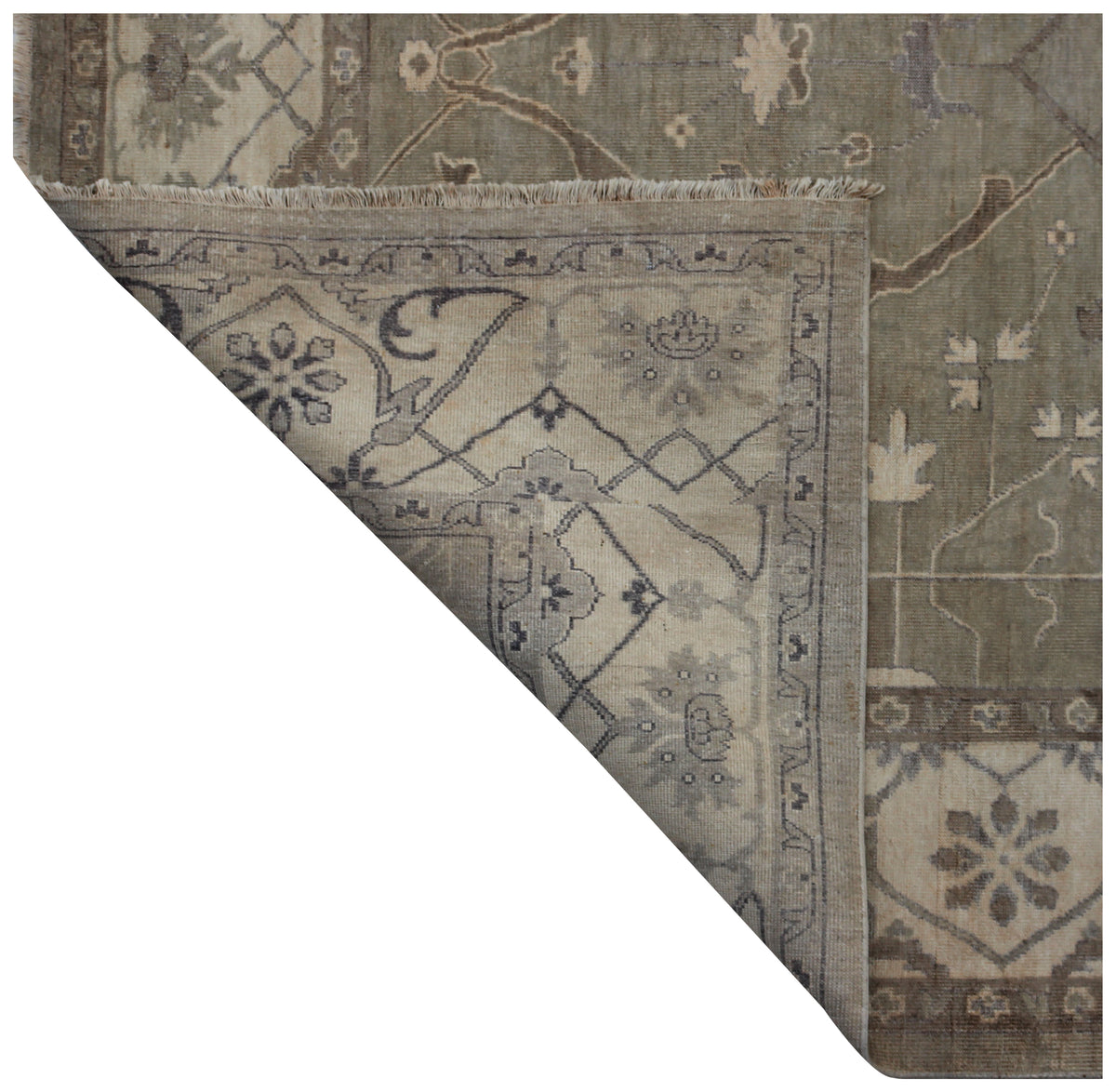 Sage Green and Ivory Oushak Medallion Trellis Hand Knotted Wool Antique Distressed Area Rug