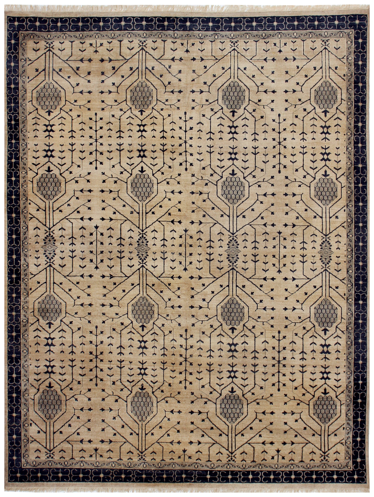 Mughal Cypress Lattice Ivory Beige Navy Hand Knotted Wool Traditional Area Rug