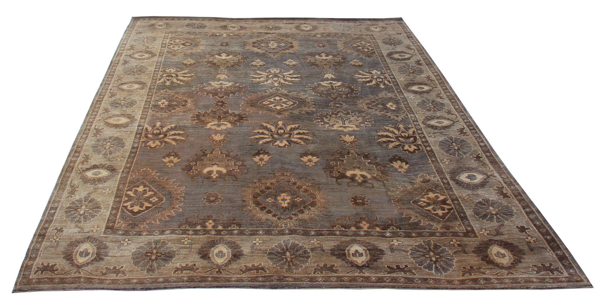 Made to Order Blue Grey Oushak Scattered Floral Hand Knotted Wool Antique Distressed Area Rug