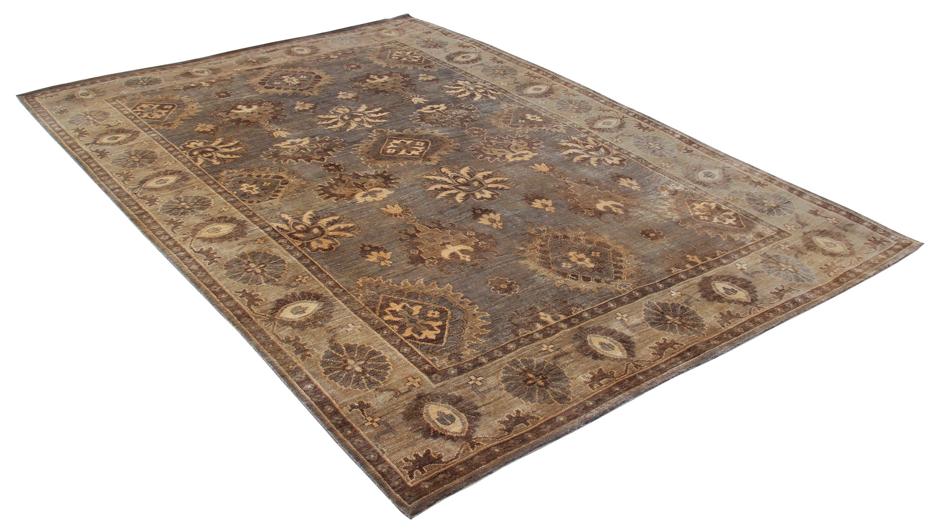 Made to Order Blue Grey Oushak Scattered Floral Hand Knotted Wool Antique Distressed Area Rug
