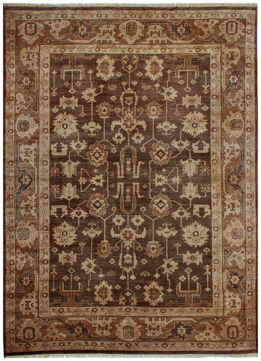 Heritage Heriz Oushak Geometric Floral Vine Dark Walnut Brown Hand Knotted Wool Antique Area Rug