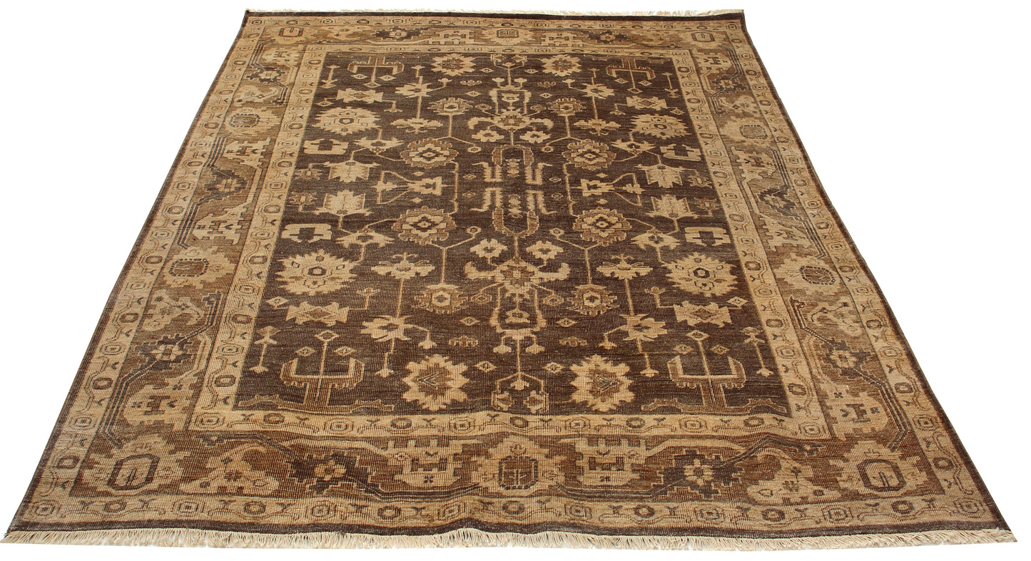 Heritage Heriz Oushak Geometric Floral Vine Dark Walnut Brown Hand Knotted Wool Antique Area Rug
