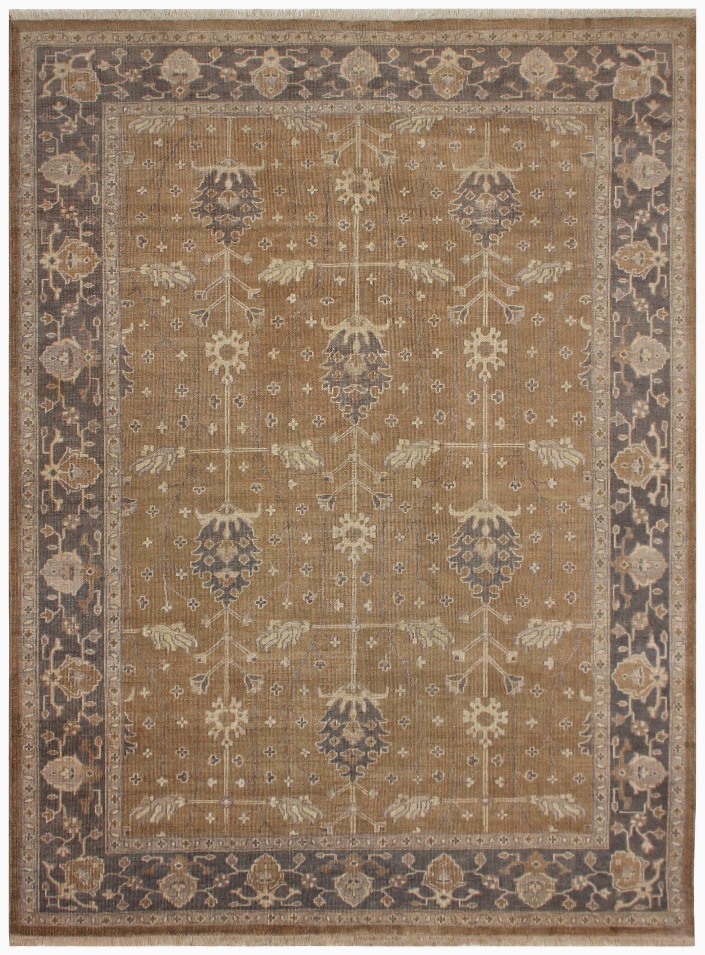 80 KPSI Hand Knotted Wool Oushak Rug in Golden Caramel with Charcoal Border Vintage Distressed Area Rug