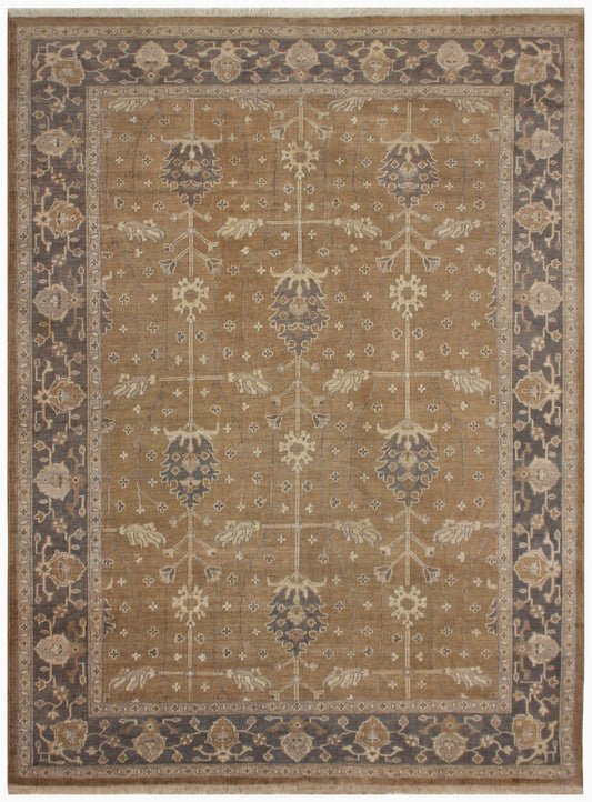 80 KPSI Hand Knotted Wool Oushak Rug in Golden Caramel with Charcoal Border Vintage Distressed Area Rug