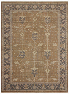 80 KPSI Hand Knotted Wool Oushak Rug in Golden Caramel with Charcoal Border Vintage Distressed Area Rug