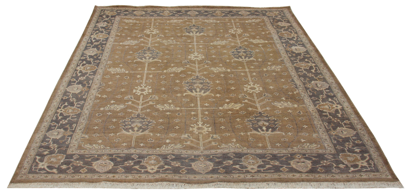 80 KPSI Hand Knotted Wool Oushak Rug in Golden Caramel with Charcoal Border Vintage Distressed Area Rug