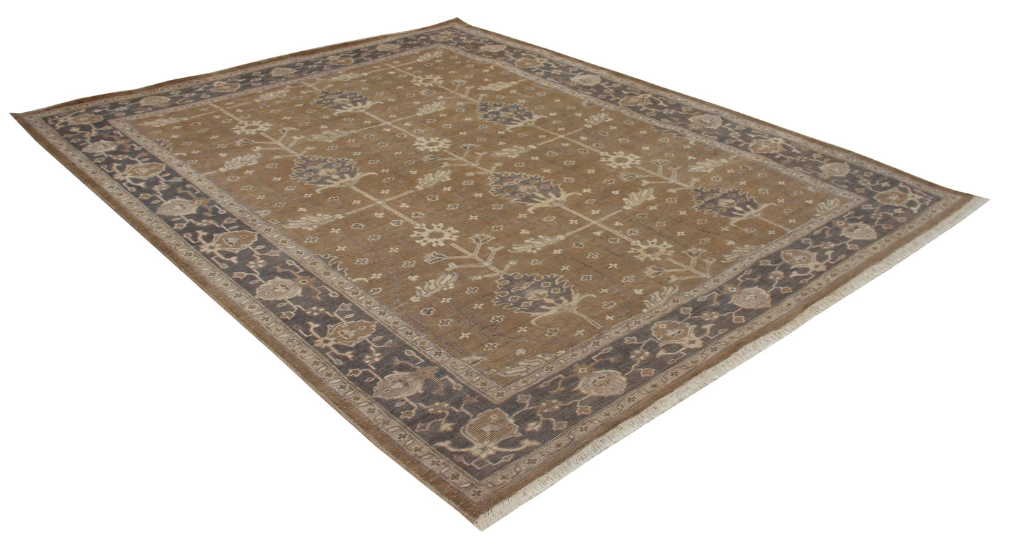 80 KPSI Hand Knotted Wool Oushak Rug in Golden Caramel with Charcoal Border Vintage Distressed Area Rug