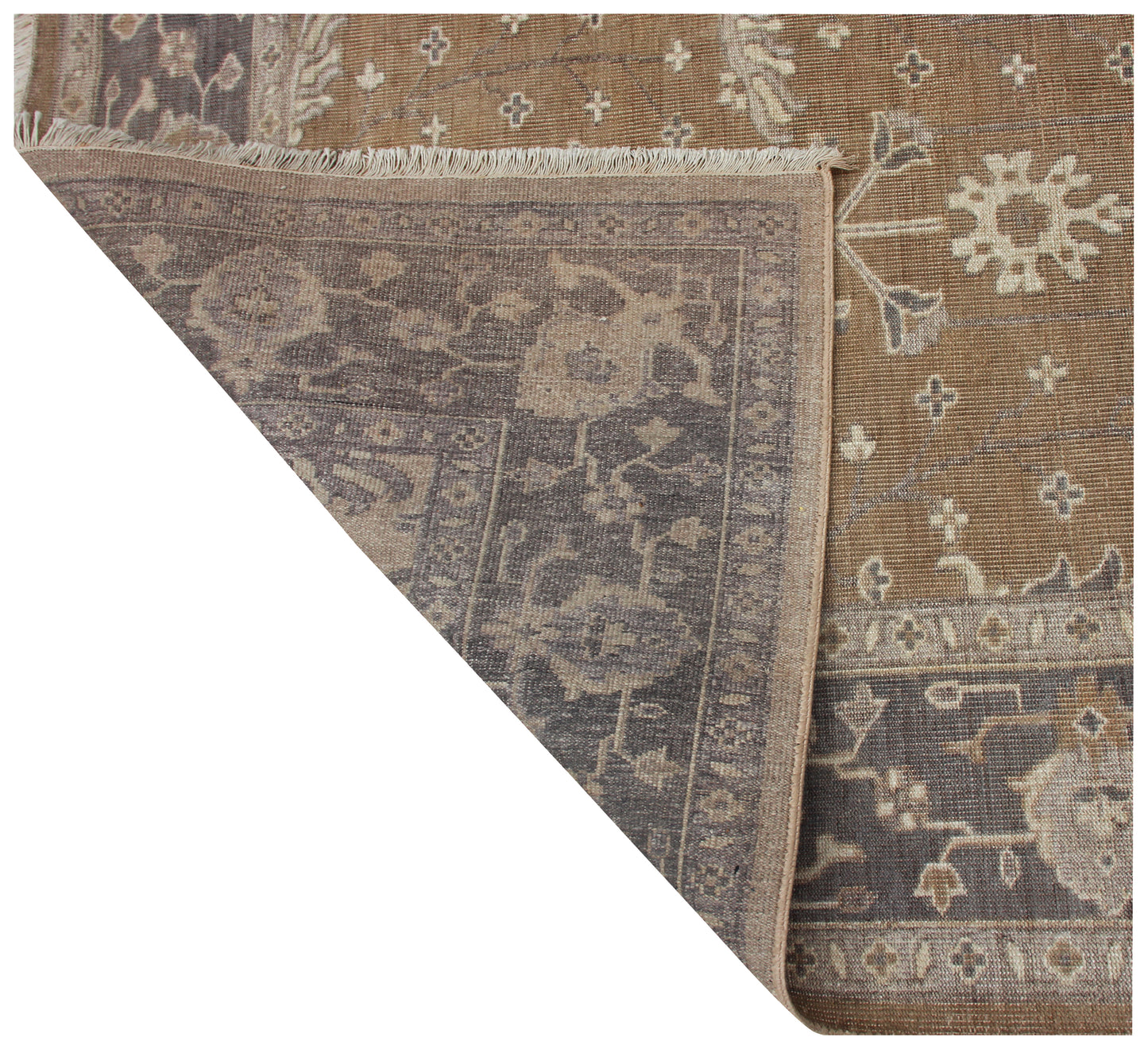 80 KPSI Hand Knotted Wool Oushak Rug in Golden Caramel with Charcoal Border Vintage Distressed Area Rug