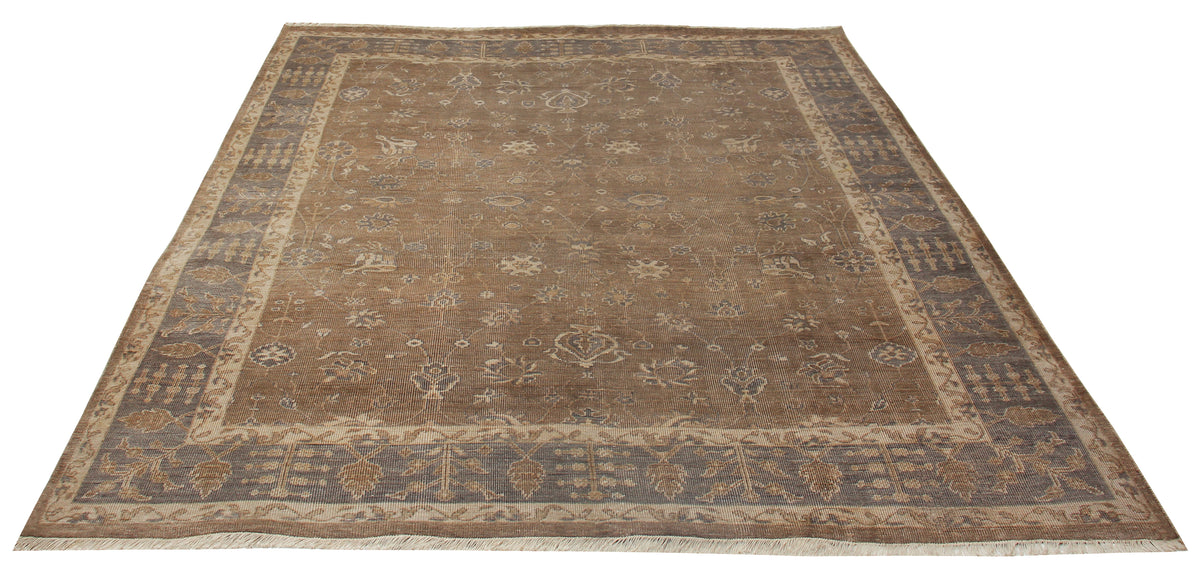 Tone on Tone Ziegler Oushak Vine Botanical Chocolate Brown Hand Knotted Wool Antique Area Rug