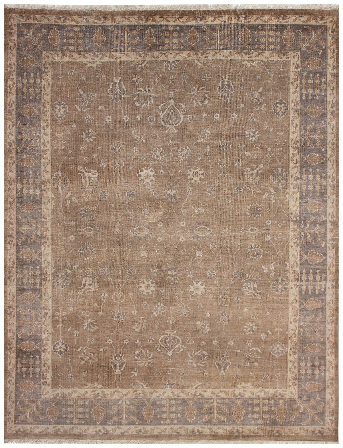 Heirloom Quality Ziegler Botanical Vase Taupe Brown Hand Knotted Wool Antique Distressed Area Rug
