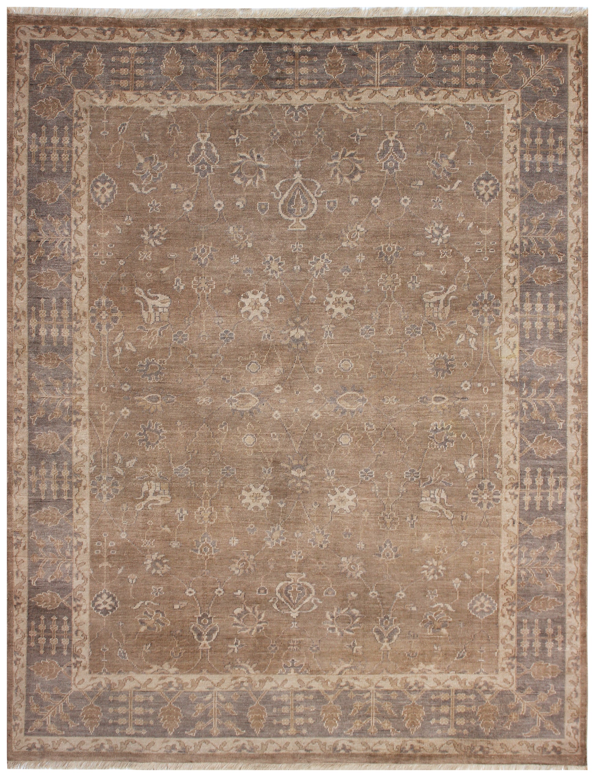 Heirloom Quality Ziegler Botanical Vase Taupe Brown Hand Knotted Wool Antique Distressed Area Rug