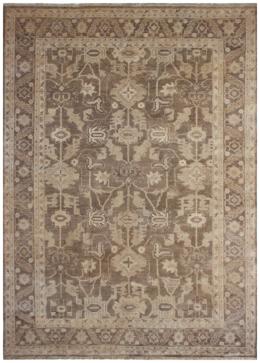 Antique Oushak Geometric Floral Lattice in Mocha Brown Hand Knotted Wool Area Rug