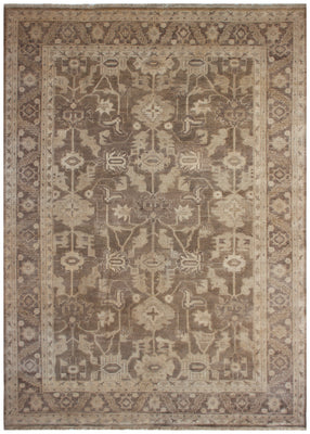 Antique Oushak Geometric Floral Lattice in Mocha Brown Hand Knotted Wool Area Rug