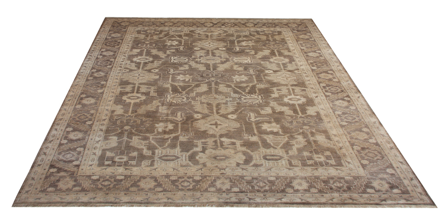 Antique Oushak Geometric Floral Lattice in Mocha Brown Hand Knotted Wool Area Rug
