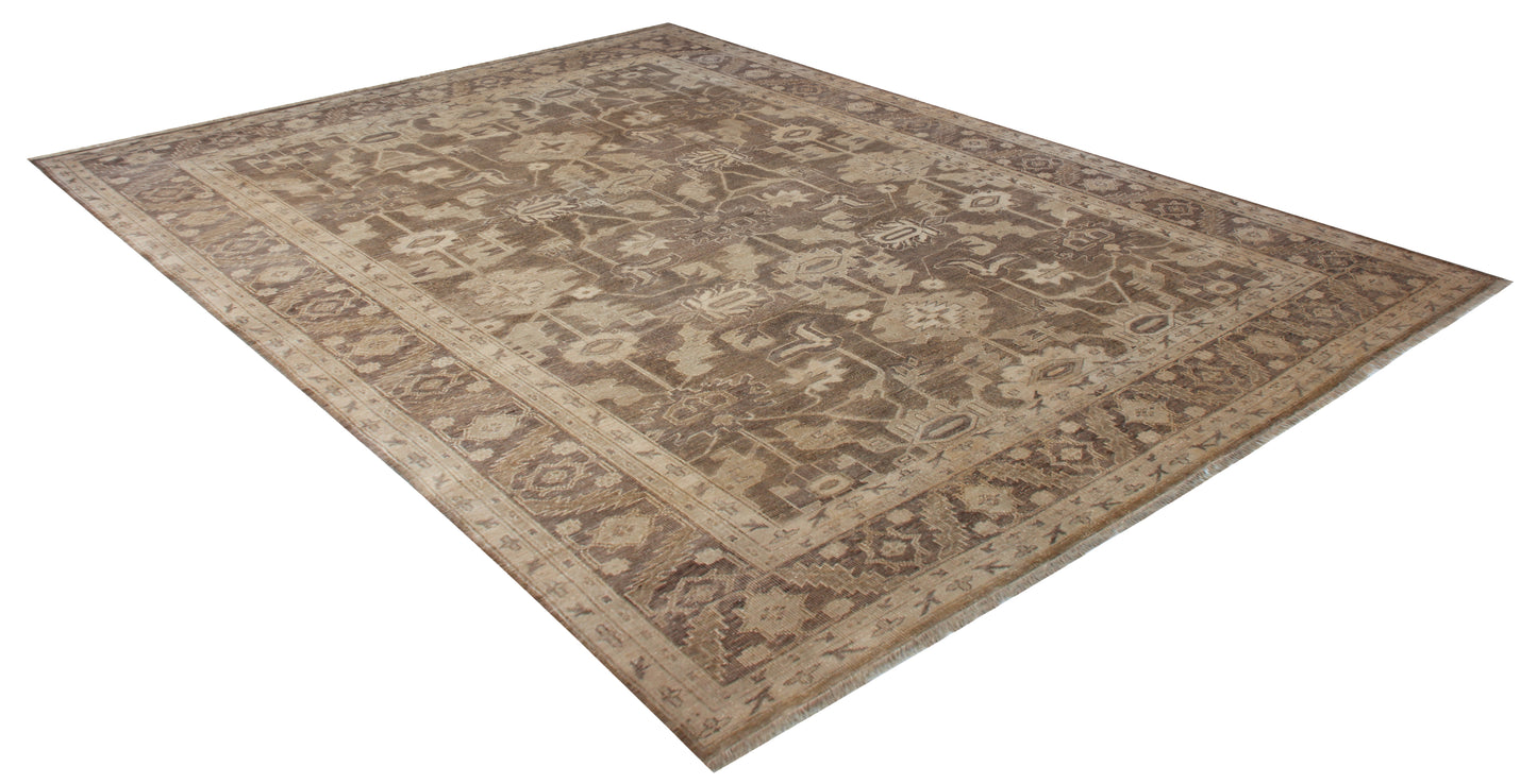 Antique Oushak Geometric Floral Lattice in Mocha Brown Hand Knotted Wool Area Rug