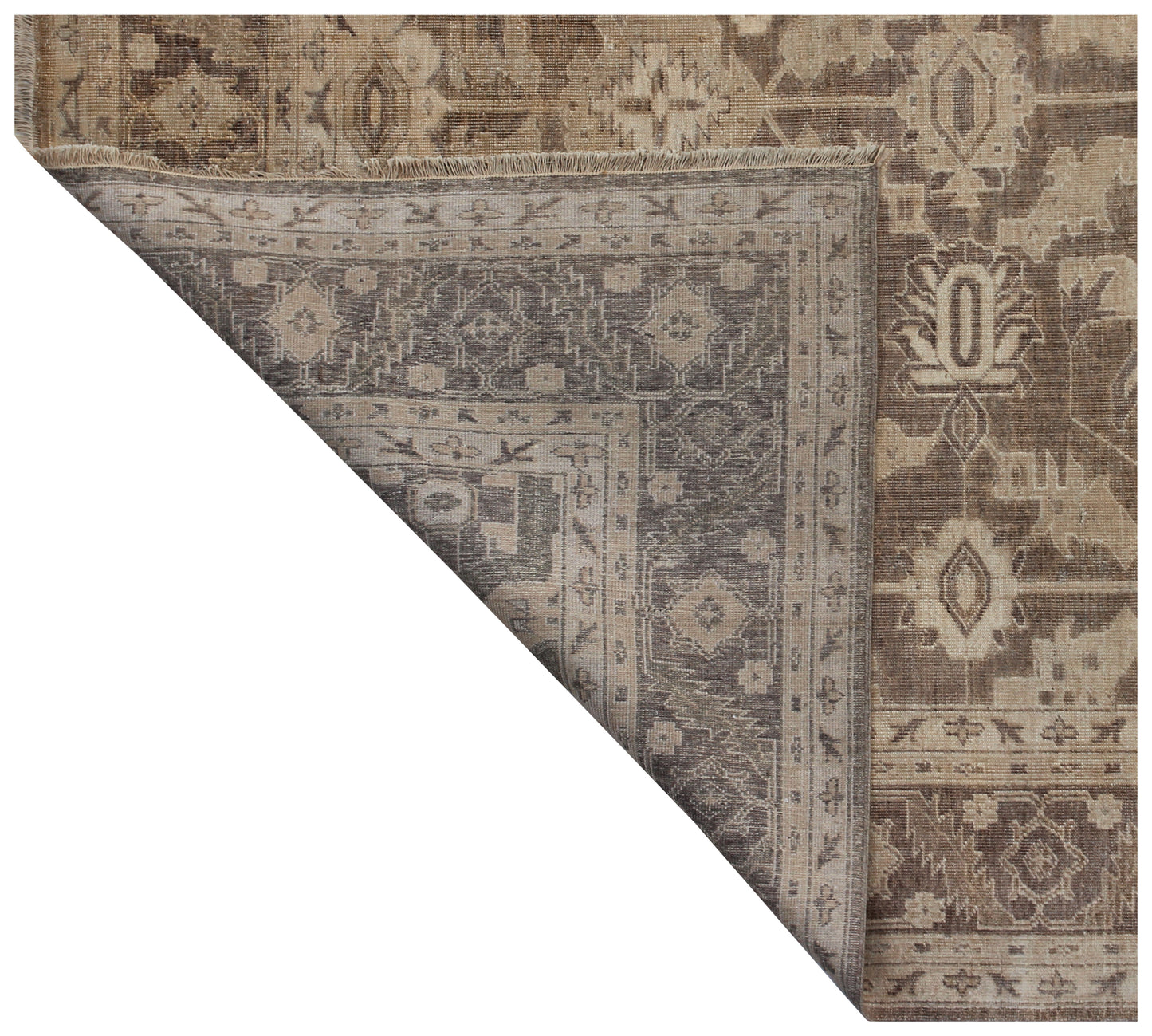 Antique Oushak Geometric Floral Lattice in Mocha Brown Hand Knotted Wool Area Rug