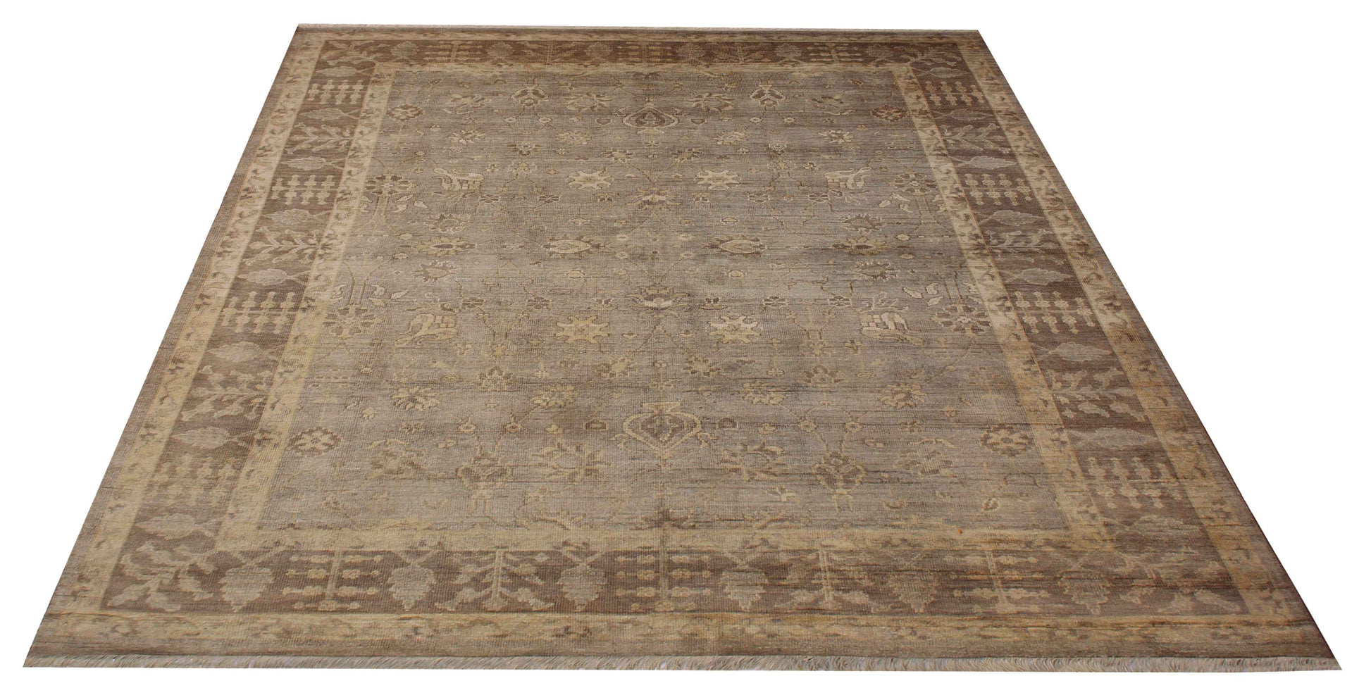 Vintage Style Distressed finished Seafoam Grey Traditional Oushak Ziegler All-Over Floral Design Hand Knotted Custom Made Wool Area Rug