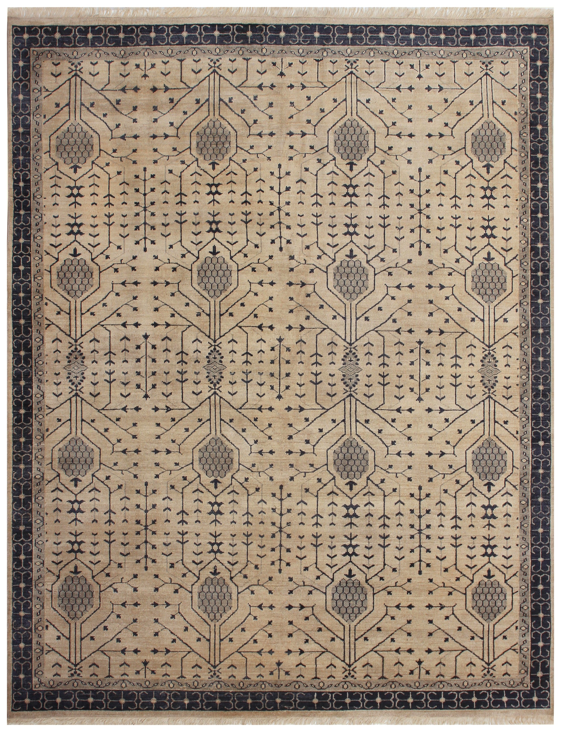 Mughal Cypress Lattice Ivory Beige Navy Hand Knotted Wool Traditional Area Rug