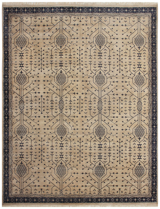 Mughal Cypress Lattice Ivory Beige Navy Hand Knotted Wool Traditional Area Rug