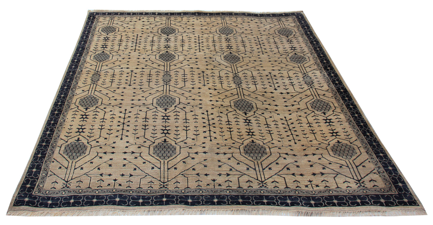 Mughal Cypress Lattice Ivory Beige Navy Hand Knotted Wool Traditional Area Rug