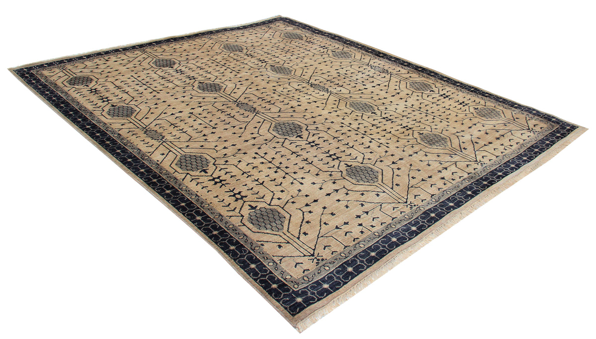 Mughal Cypress Lattice Ivory Beige Navy Hand Knotted Wool Traditional Area Rug