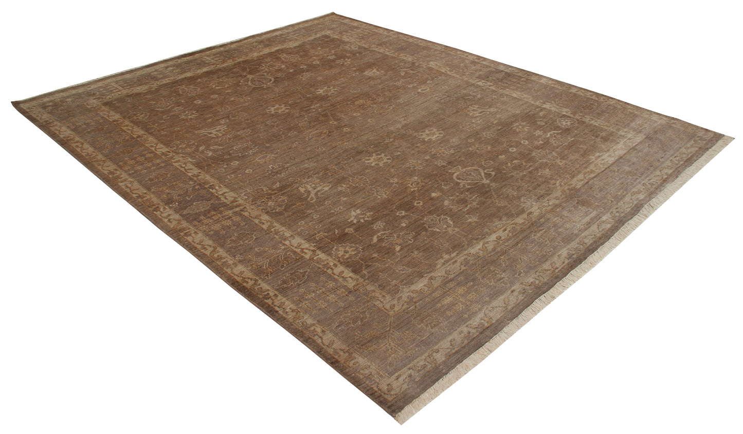 Tone on Tone Ziegler Oushak Vine Botanical Chocolate Brown Hand Knotted Wool Antique Area Rug
