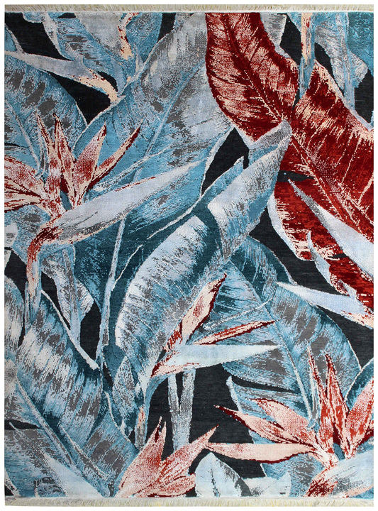 Black Teal Crimson Red Tropical Botanical Leaf Modern Abstract Hand Knotted Wool Viscose 85 KPSI 8x10 Area Rug