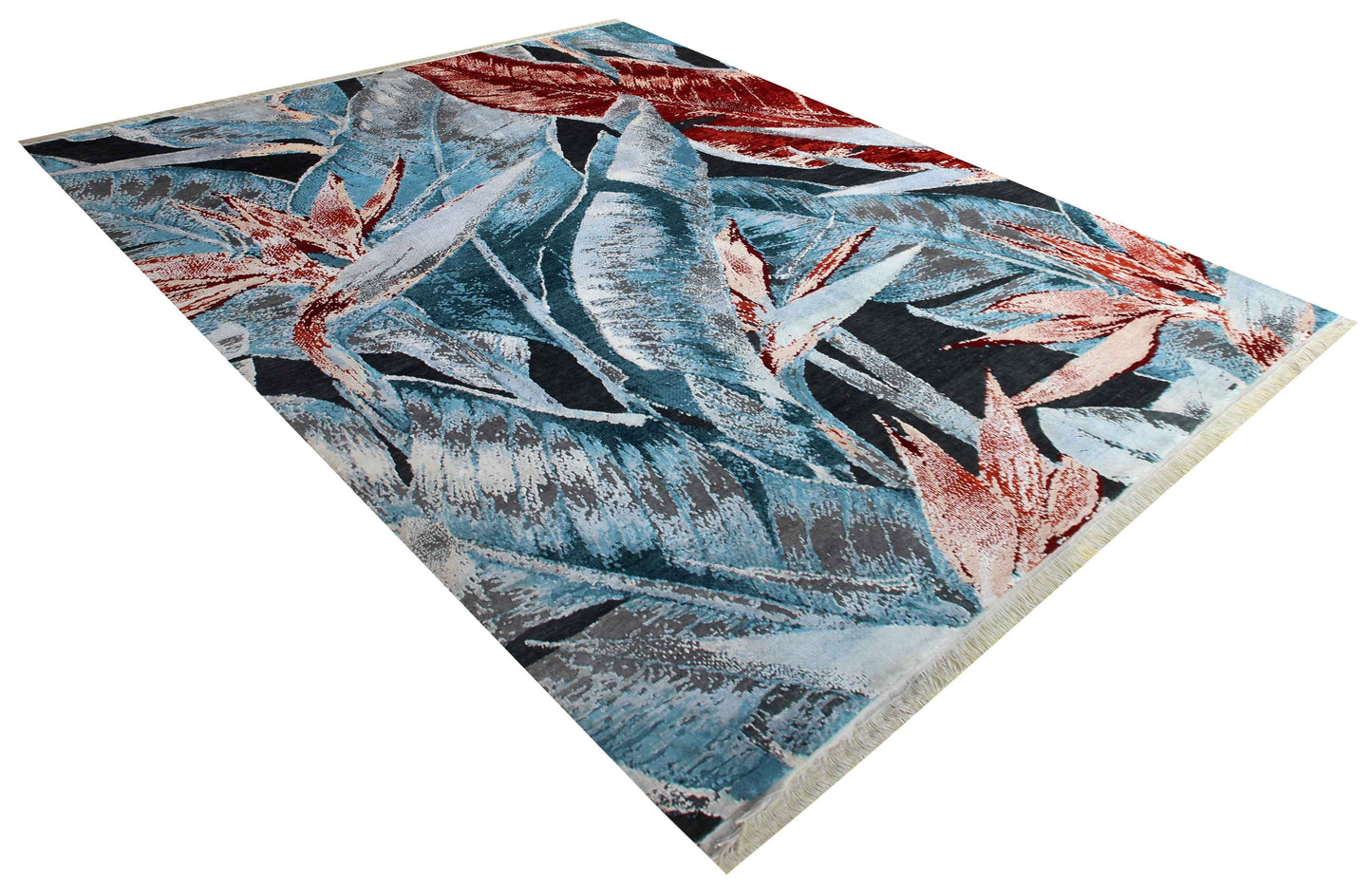 Black Teal Crimson Red Tropical Botanical Leaf Modern Abstract Hand Knotted Wool Viscose 85 KPSI 8x10 Area Rug