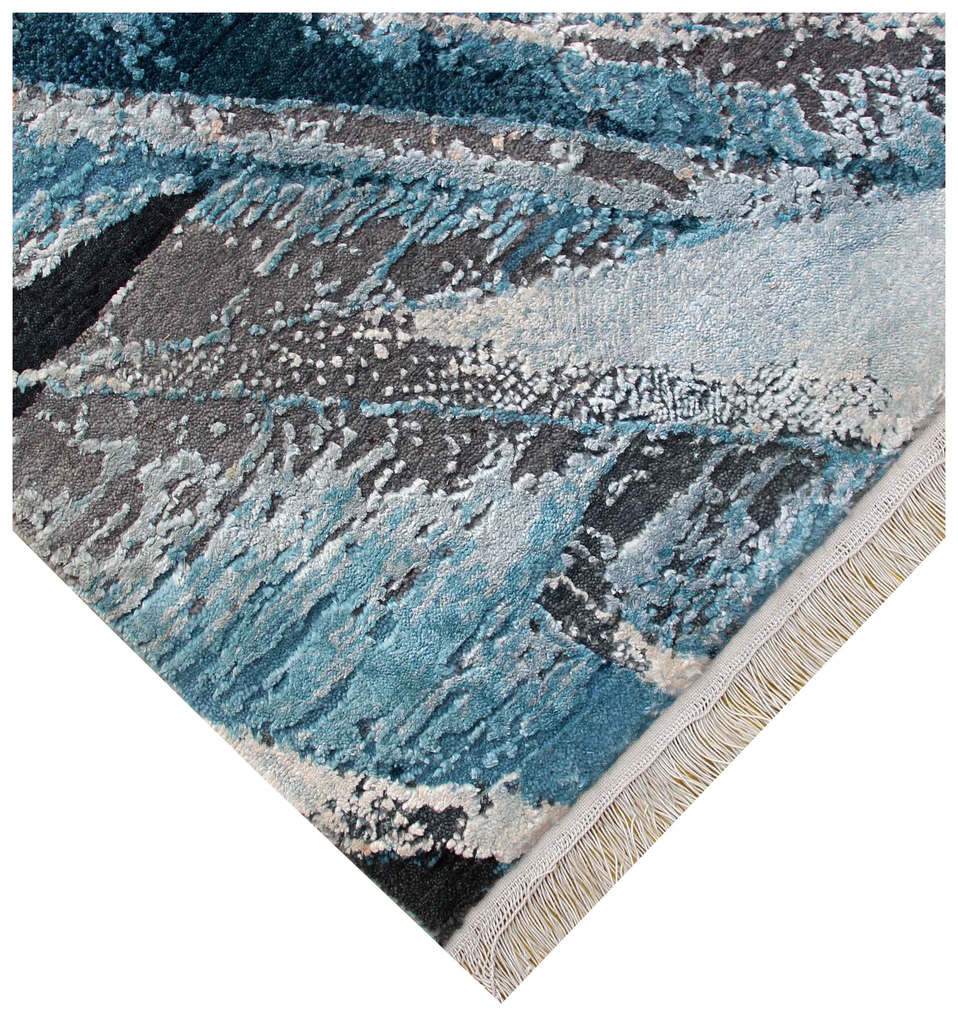 Black Teal Crimson Red Tropical Botanical Leaf Modern Abstract Hand Knotted Wool Viscose 85 KPSI 8x10 Area Rug